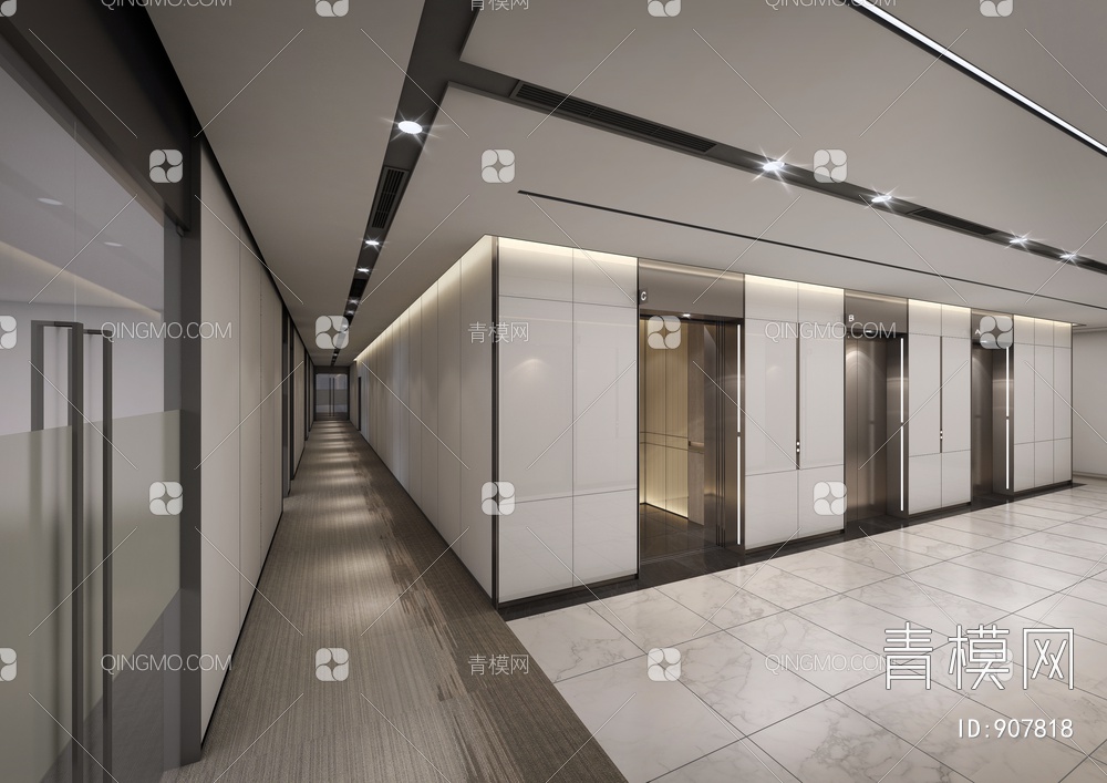 某办公大楼标准层电梯厅走廊公区CAD施工图+效果图  电梯厅 公共卫生间 公区 走道【ID:907818】