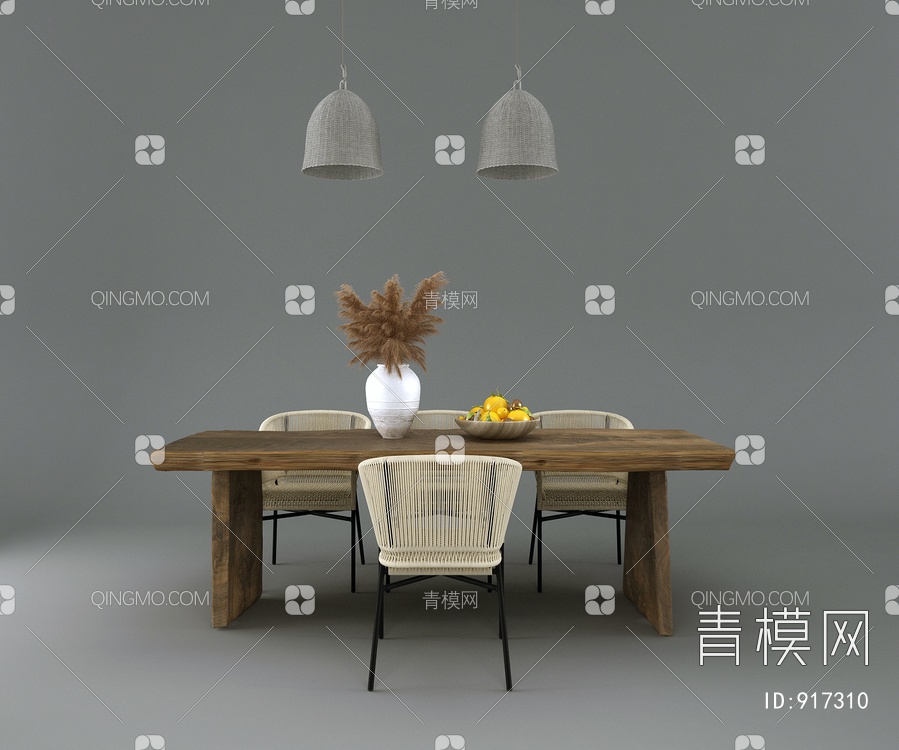 原木茶桌椅吊灯组合3D模型下载【ID:917310】