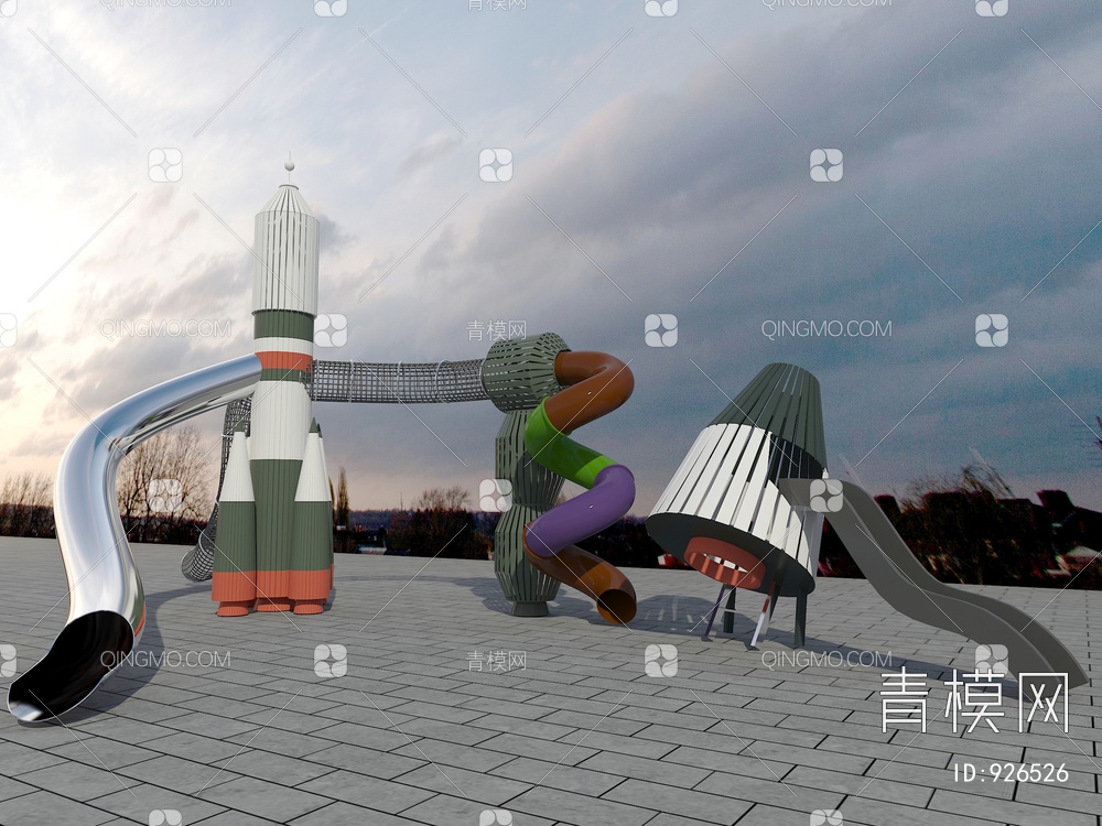 无动力儿童玩具游乐设备火箭滑梯3D模型下载【ID:926526】