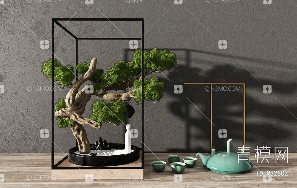 禅意 枯山水 佛像 松树 茶壶 茶具摆件3D模型下载【ID:932802】