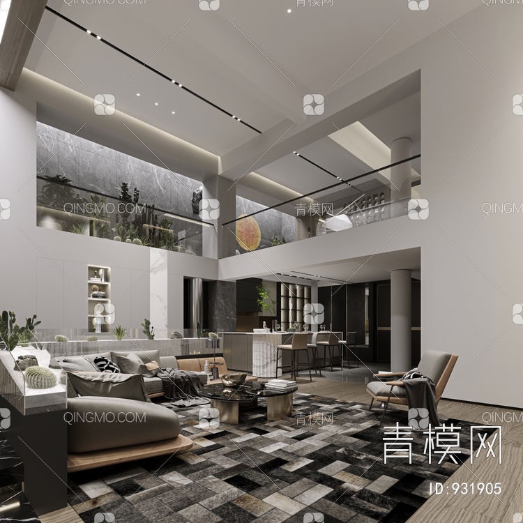 别墅地下室客厅整体，健身房，水吧，钢琴房3D模型下载【ID:931905】