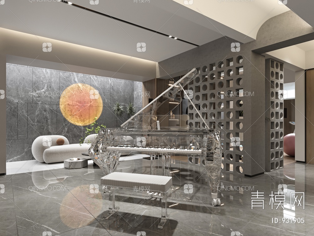 别墅地下室客厅整体，健身房，水吧，钢琴房3D模型下载【ID:931905】