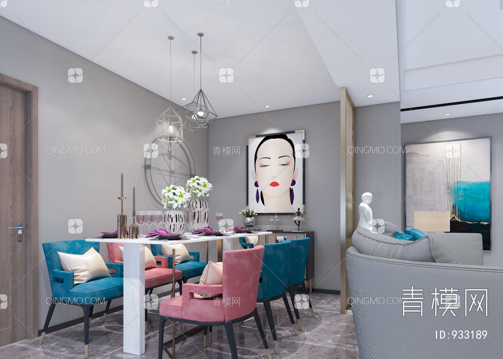 客餐厅，客厅，餐厅，沙发，茶几，餐桌椅3D模型下载【ID:933189】
