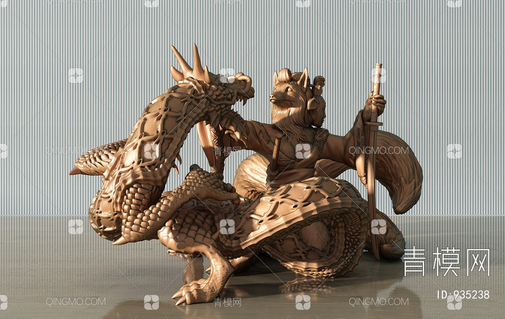 狼与龙神兽雕塑3D模型下载【ID:935238】