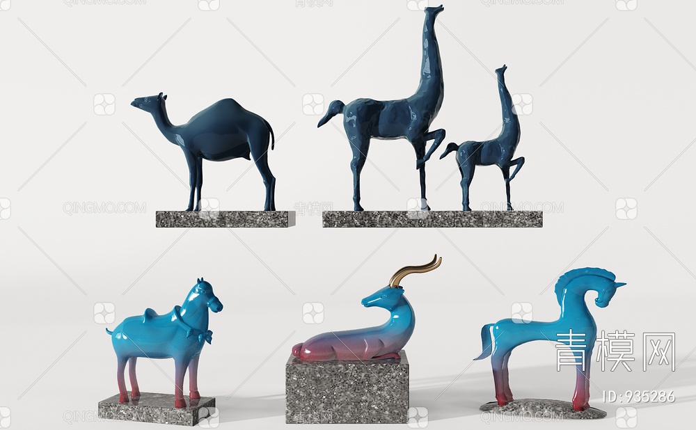 蓝色陶瓷马 鹿 骆驼 雕塑摆件饰品3D模型下载【ID:935286】