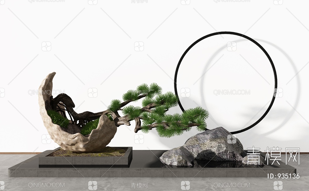 松树石头水景摆件3D模型下载【ID:935136】