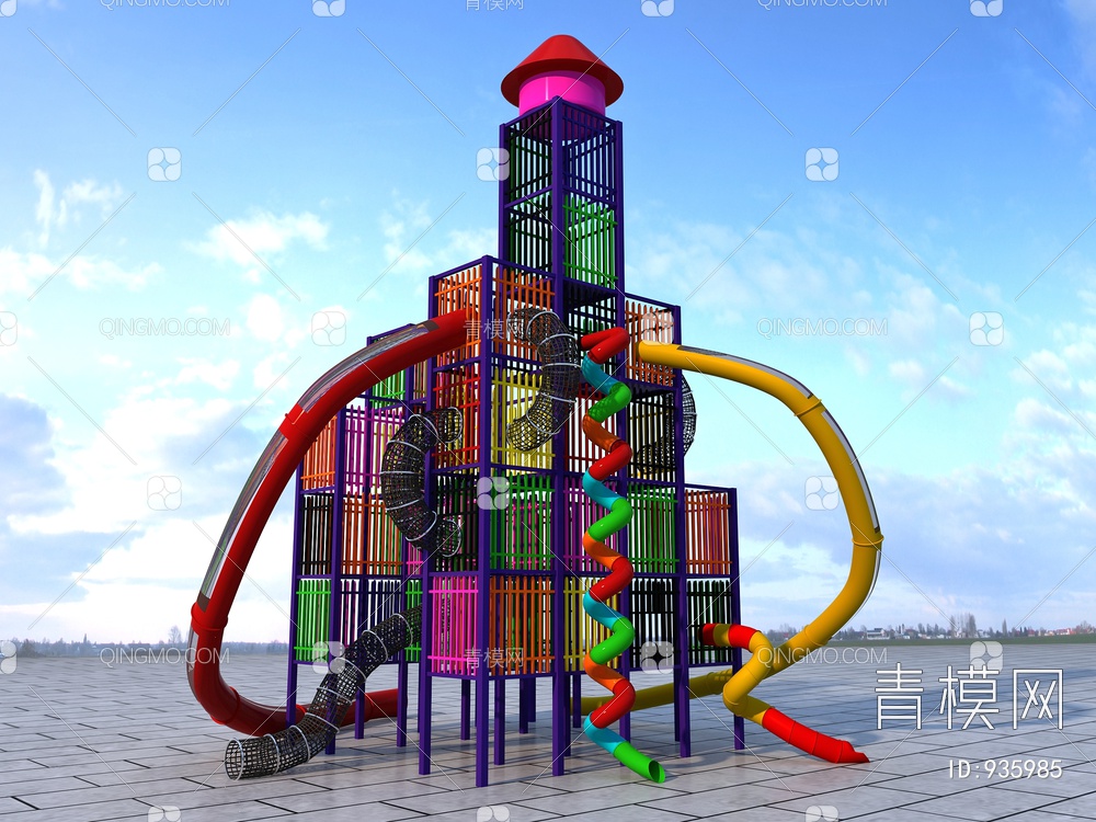 无动力儿童玩具游乐设备飞天城堡、滑梯3D模型下载【ID:935985】