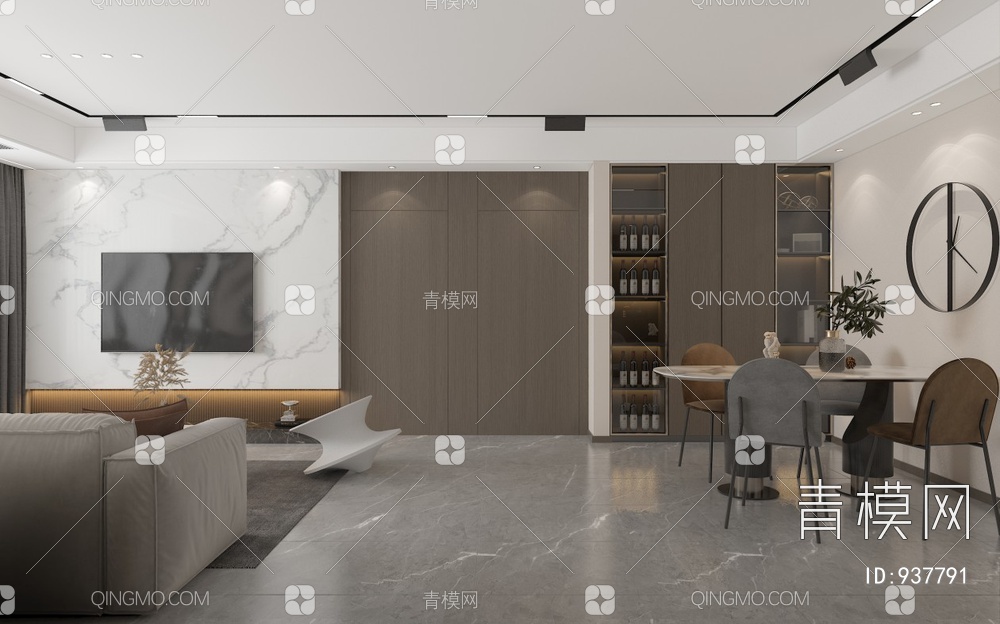 客餐厅，客厅，餐厅，沙发，茶几，餐桌椅3D模型下载【ID:937791】