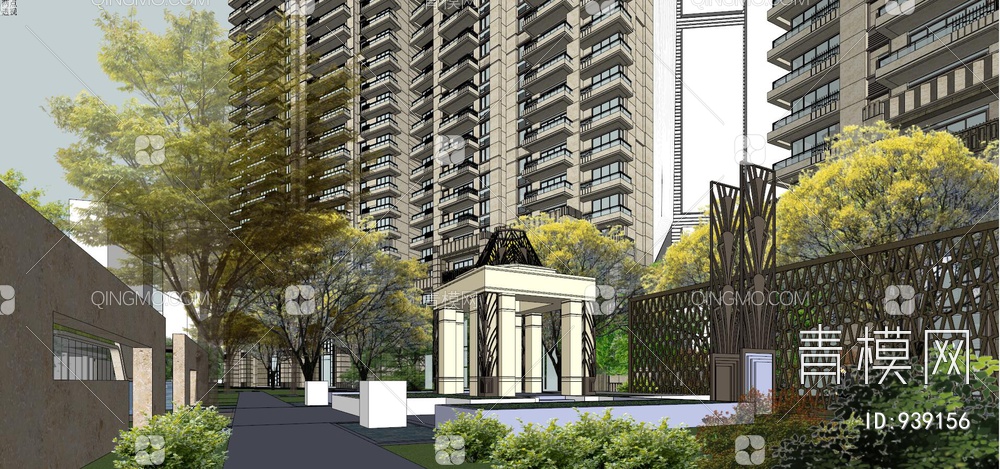 高层住宅小区入口景观展示设计SU模型下载【ID:939156】
