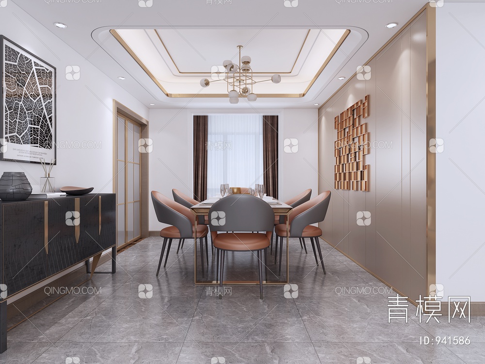 客餐厅，客厅，餐厅，沙发，茶几，餐桌椅3D模型下载【ID:941586】