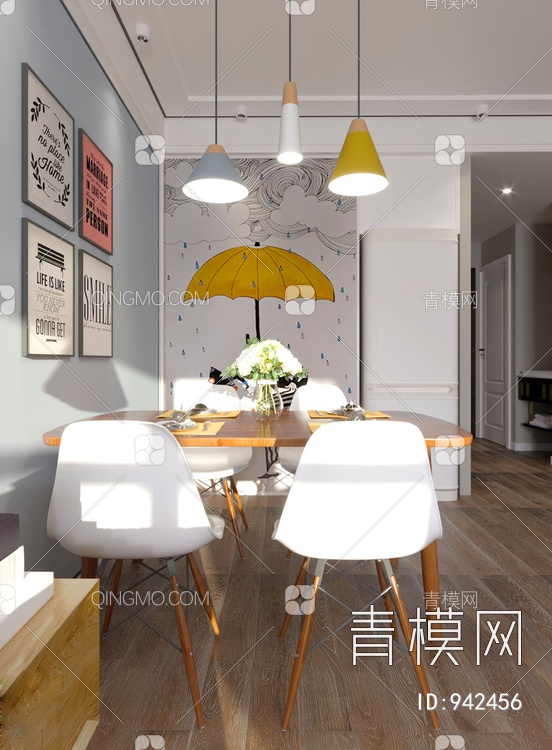 客餐厅，客厅，餐厅，沙发，茶几，餐桌椅3D模型下载【ID:942456】