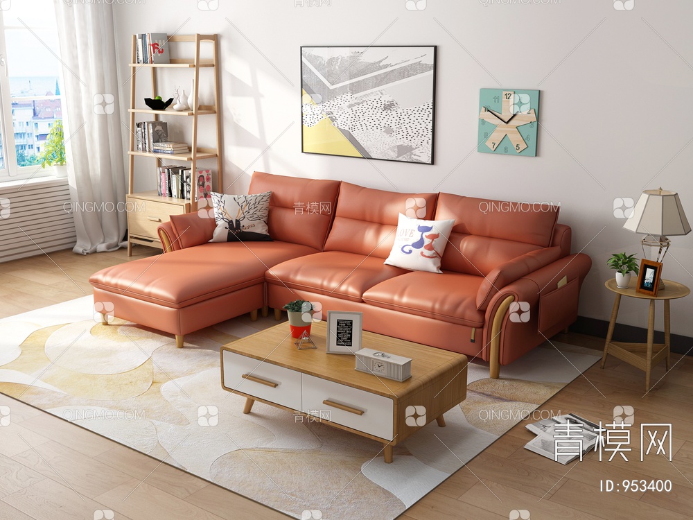 客厅，软包转角沙发3D模型下载【ID:953400】