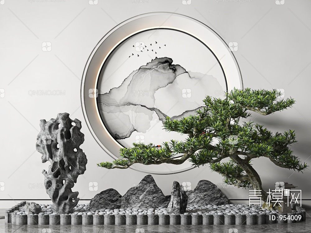 松树石头 景观小品3D模型下载【ID:954009】