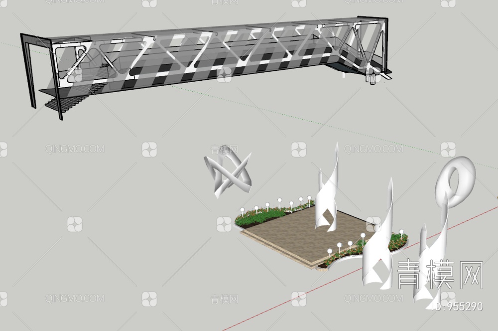 异形曲面雕塑，莫比斯环，钢结构大桥SU模型下载【ID:955290】