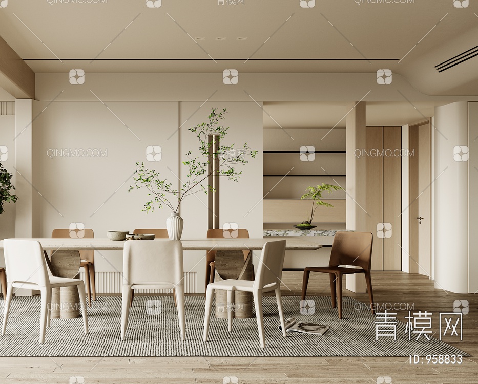 餐厅 餐桌 餐椅 饰品 窗帘 地板3D模型下载【ID:958833】