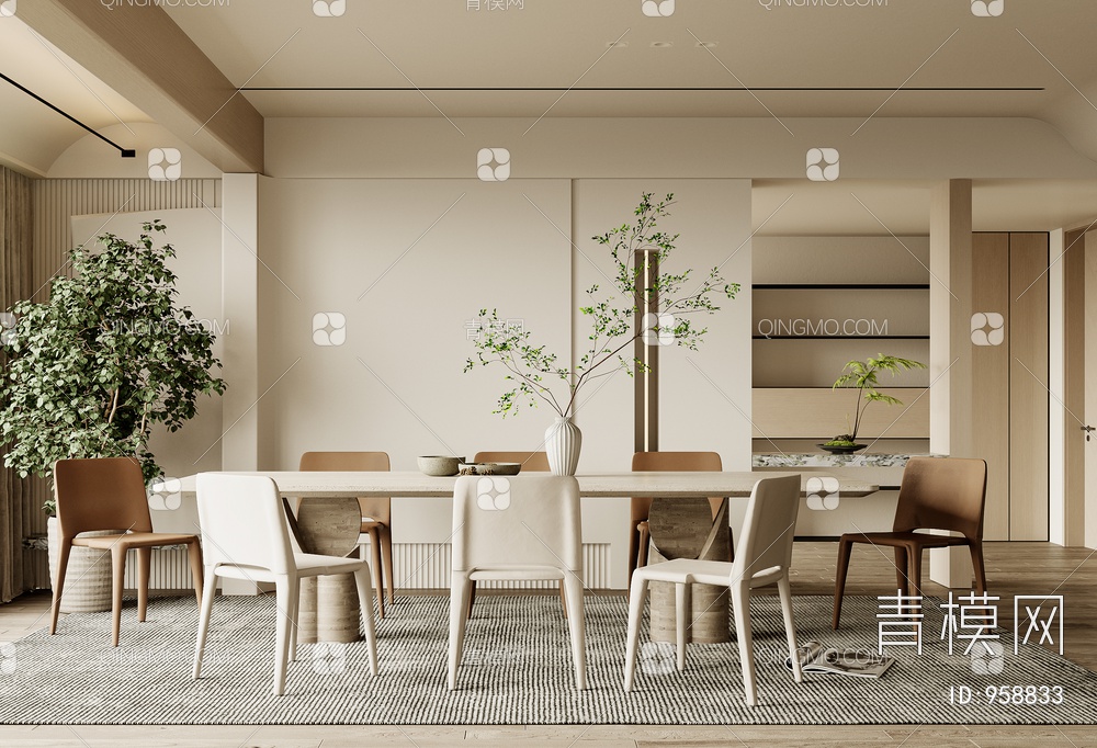 餐厅 餐桌 餐椅 饰品 窗帘 地板3D模型下载【ID:958833】