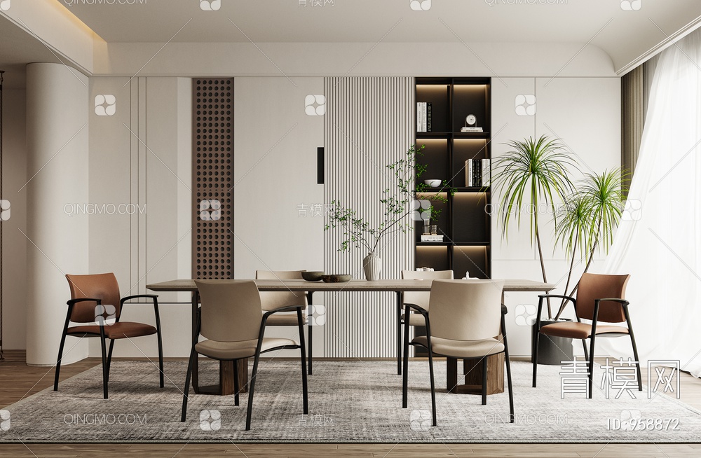 餐厅 餐桌 餐椅 饰品 窗帘 地板3D模型下载【ID:958872】