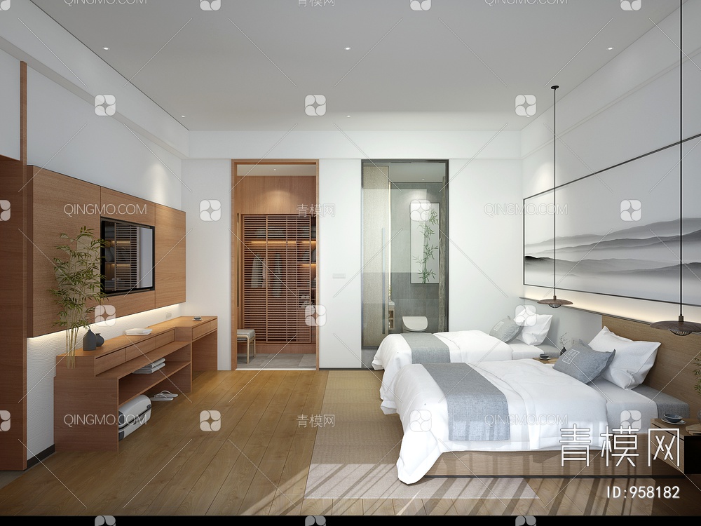 酒店双人床客房3D模型下载【ID:958182】
