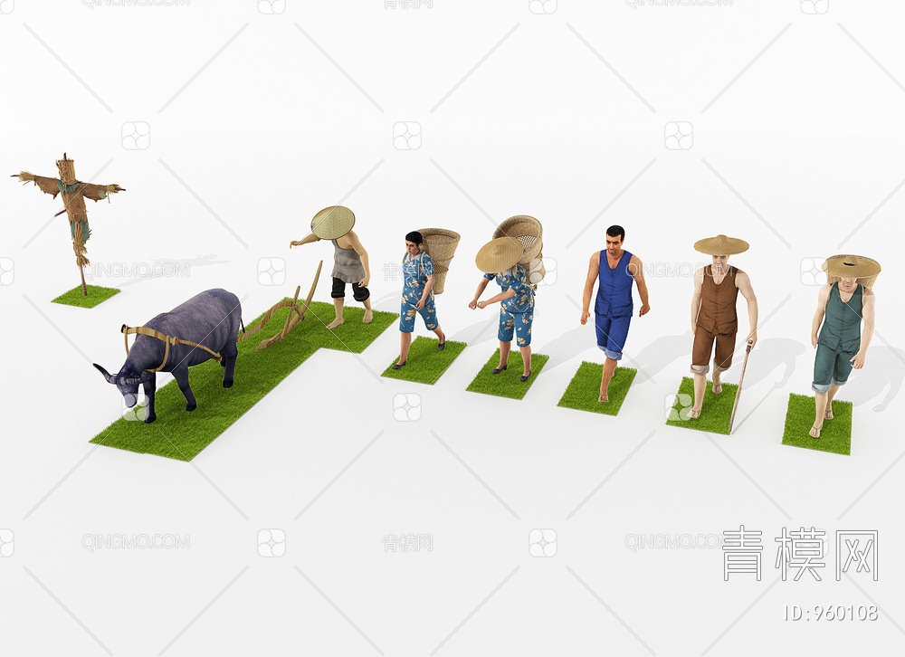 农耕人物，耕田耕地人物3D模型下载【ID:960108】