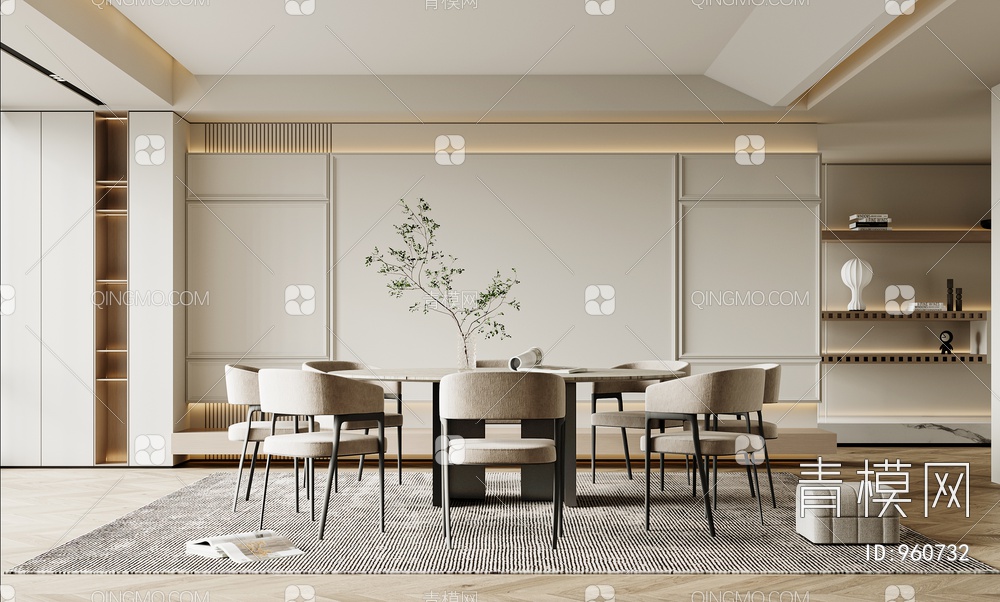餐厅 餐桌 餐椅 饰品 窗帘 地板3D模型下载【ID:960732】