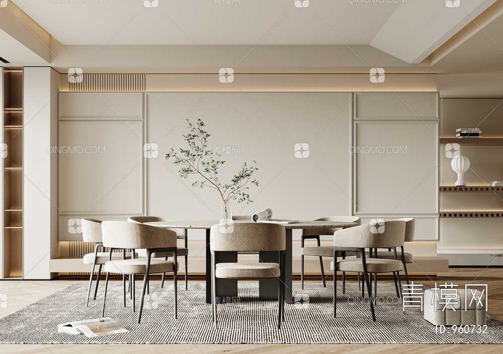 餐厅 餐桌 餐椅 饰品 窗帘 地板3D模型下载【ID:960732】