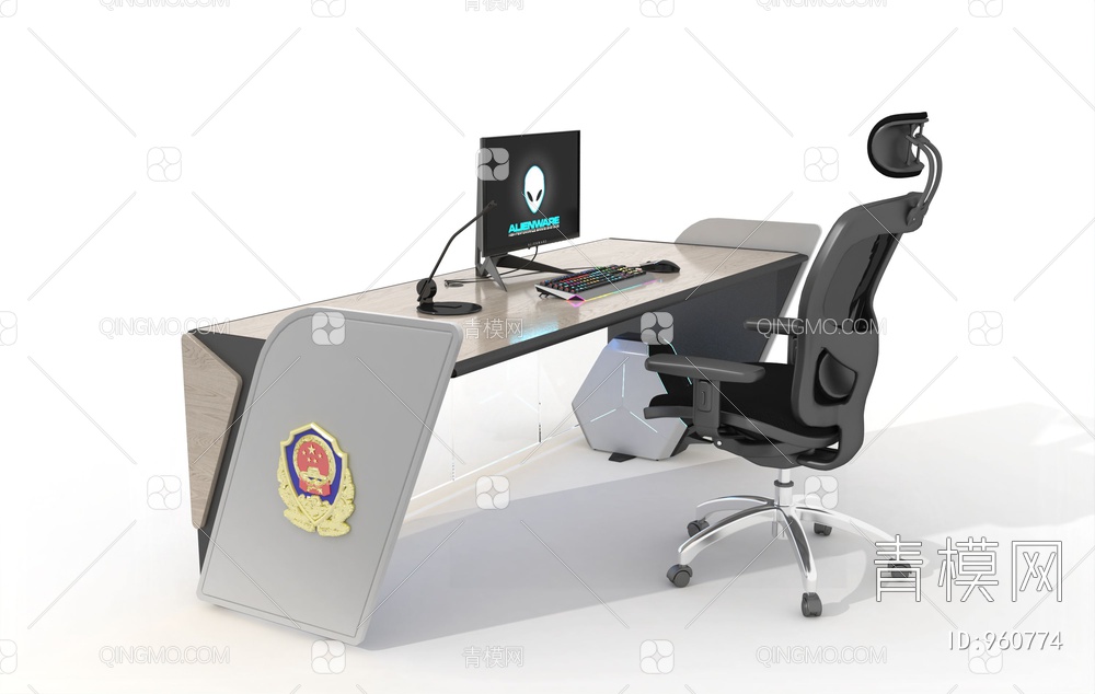 指挥控制室 指挥坐席 电脑桌 操作台 办公桌 办公椅 警徽 键盘3D模型下载【ID:960774】