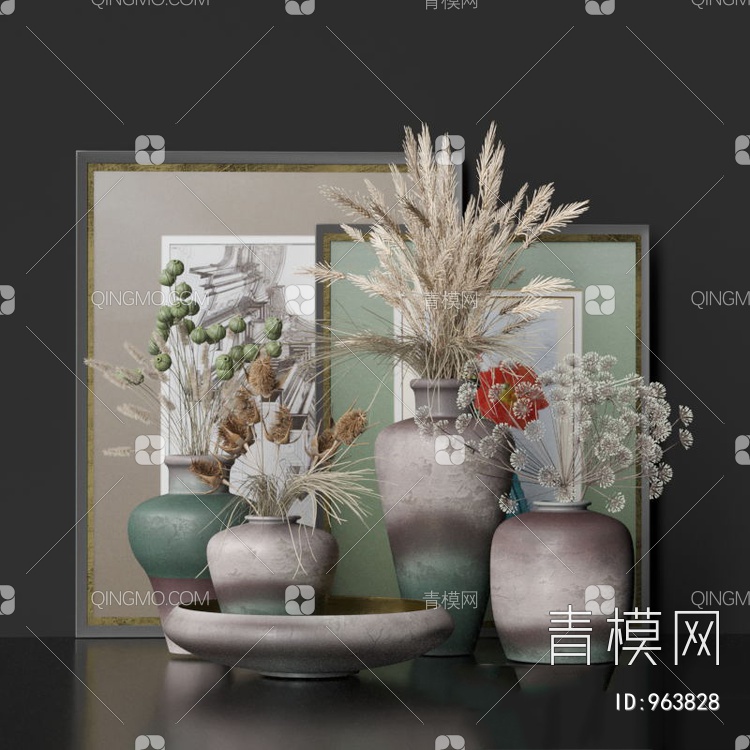 陶罐陶瓷土陶罐，干花花3D模型下载【ID:963828】