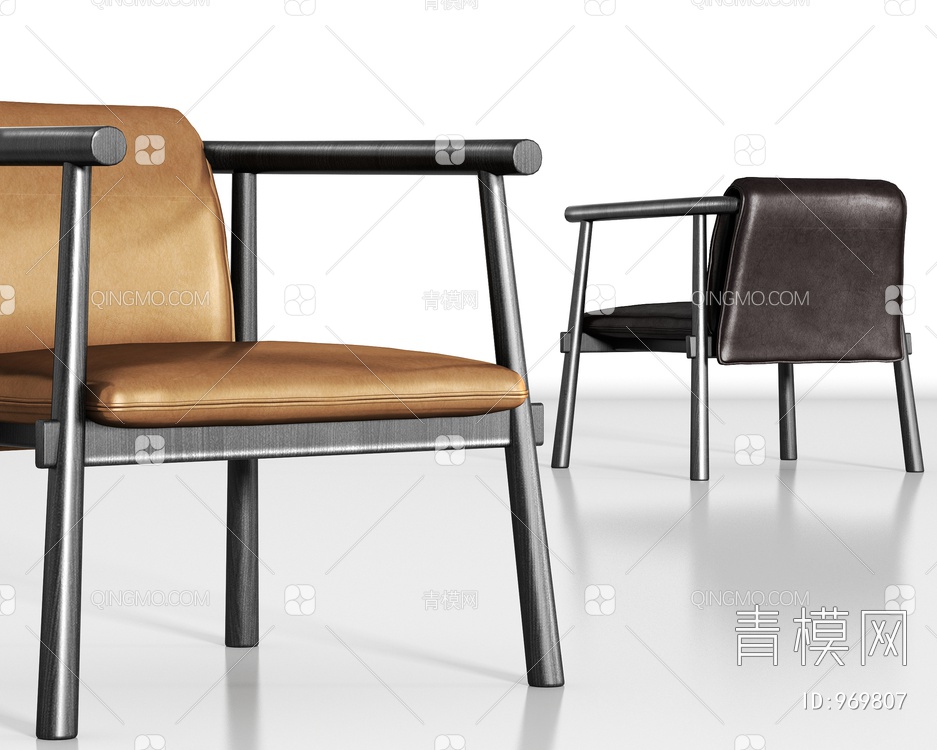 实木皮革单椅组合3D模型下载【ID:969807】