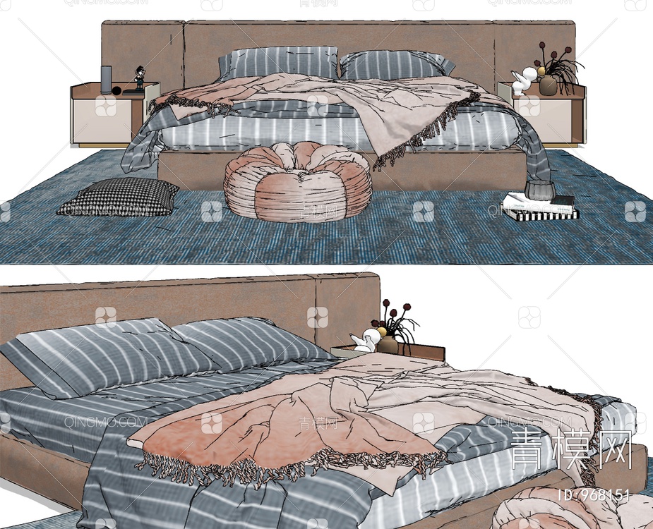 布艺双人床SU模型下载【ID:968151】