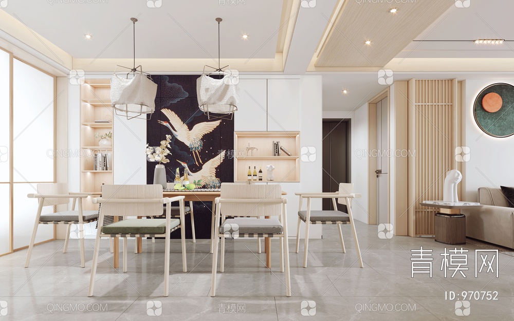 客餐厅 沙发茶几组合 餐桌椅 电视背景墙 酒柜3D模型下载【ID:970752】