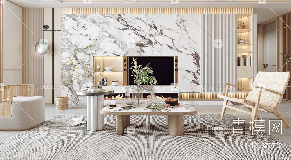 客餐厅 沙发茶几组合 餐桌椅 电视背景墙 酒柜3D模型下载【ID:970752】