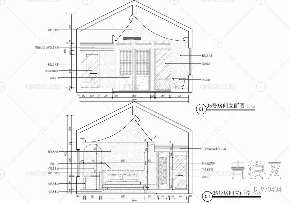 格民宿客房CAD施工图+效果图 客栈 酒店【ID:973434】