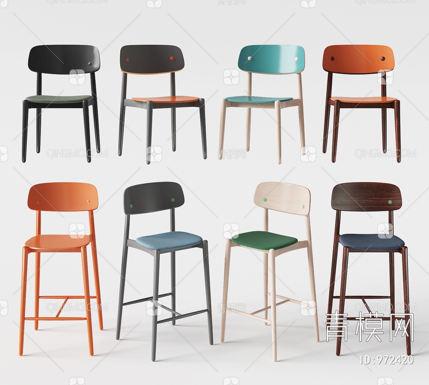 木质休闲单椅 吧椅组合3D模型下载【ID:972420】