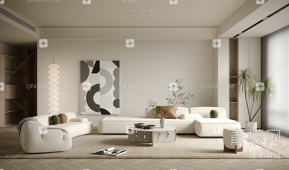 客厅 沙发 单椅 茶几 电视背景墙 窗帘 地毯 书架 饰品 吊灯 挂画3D模型下载【ID:974712】