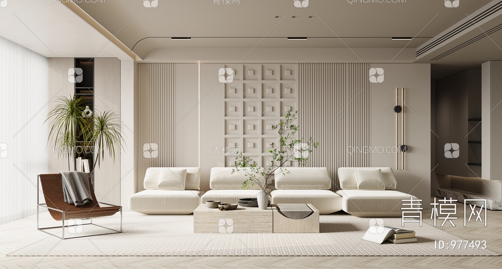 客厅 沙发 单椅 茶几 窗帘 地毯 书架 饰品 挂画3D模型下载【ID:977493】