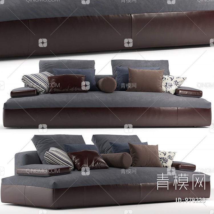 意大利双人休闲沙发 皮革抱枕3D模型下载【ID:978228】