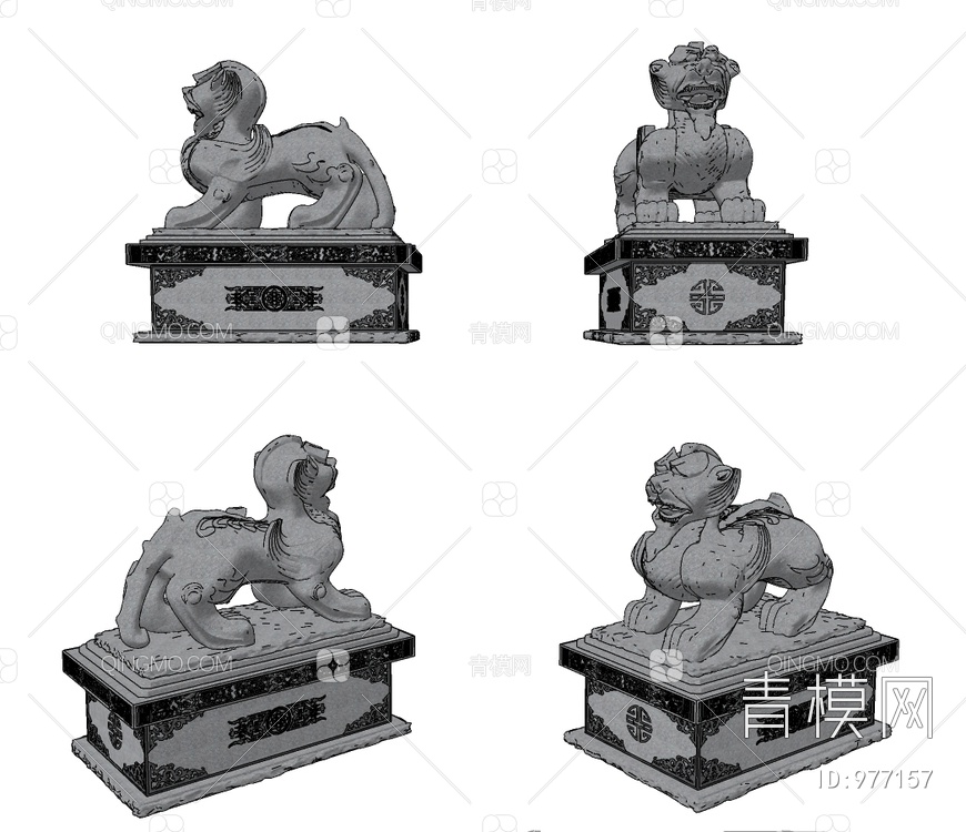 石头貔貅石狮子龙雕塑SU模型下载【ID:977157】