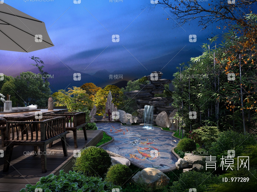 高档别墅花园夜景3D模型下载【ID:977289】