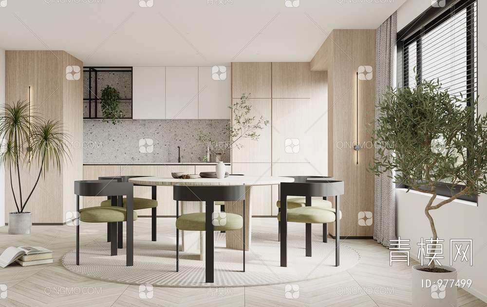 餐厅 餐桌 餐椅 饰品 窗帘 地板3D模型下载【ID:977499】