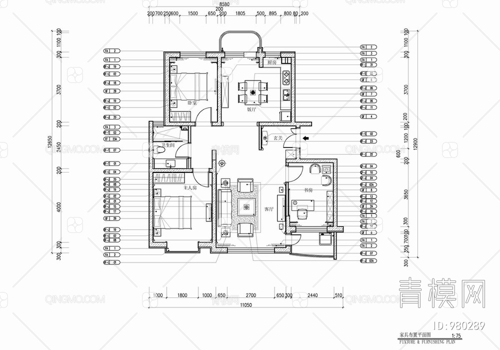 100㎡样板房CAD施工图 家装 私宅 大平层 家居【ID:980289】