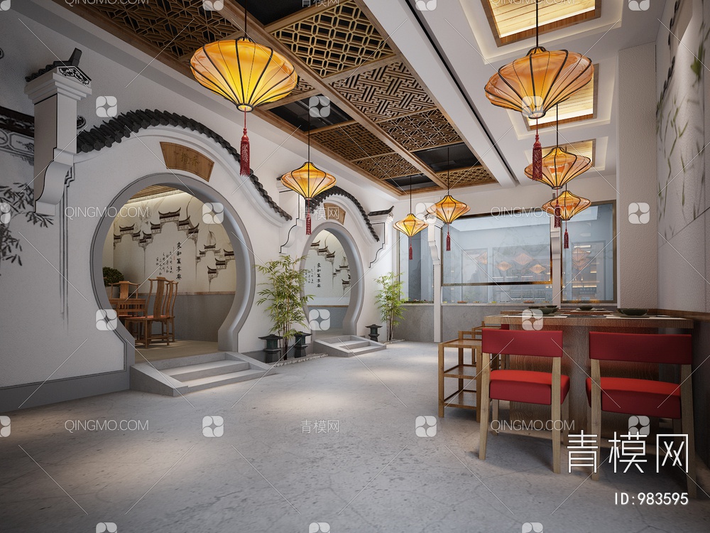 中餐厅 吊灯 壁画3D模型下载【ID:983595】