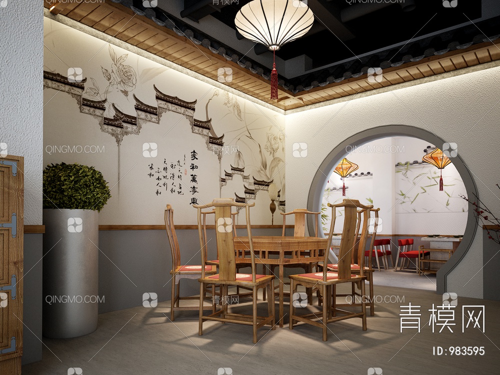 中餐厅 吊灯 壁画3D模型下载【ID:983595】