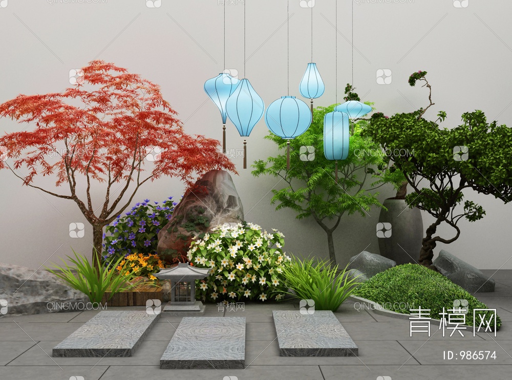 假山绿植庭院小品吊3D模型下载【ID:986574】