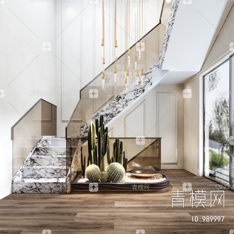 楼梯，玻璃扶手3D模型下载【ID:989997】
