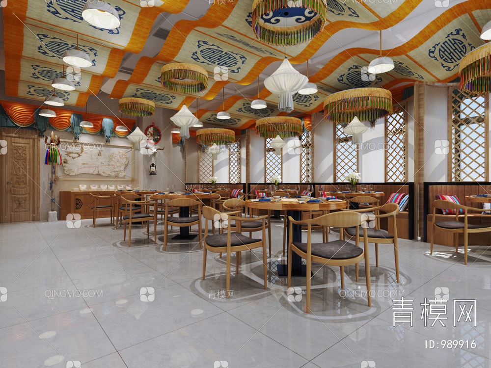 蒙餐厅二楼家具组合3D模型下载【ID:989916】