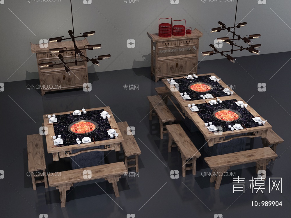 火锅店桌椅 长条凳 方桌3D模型下载【ID:989904】