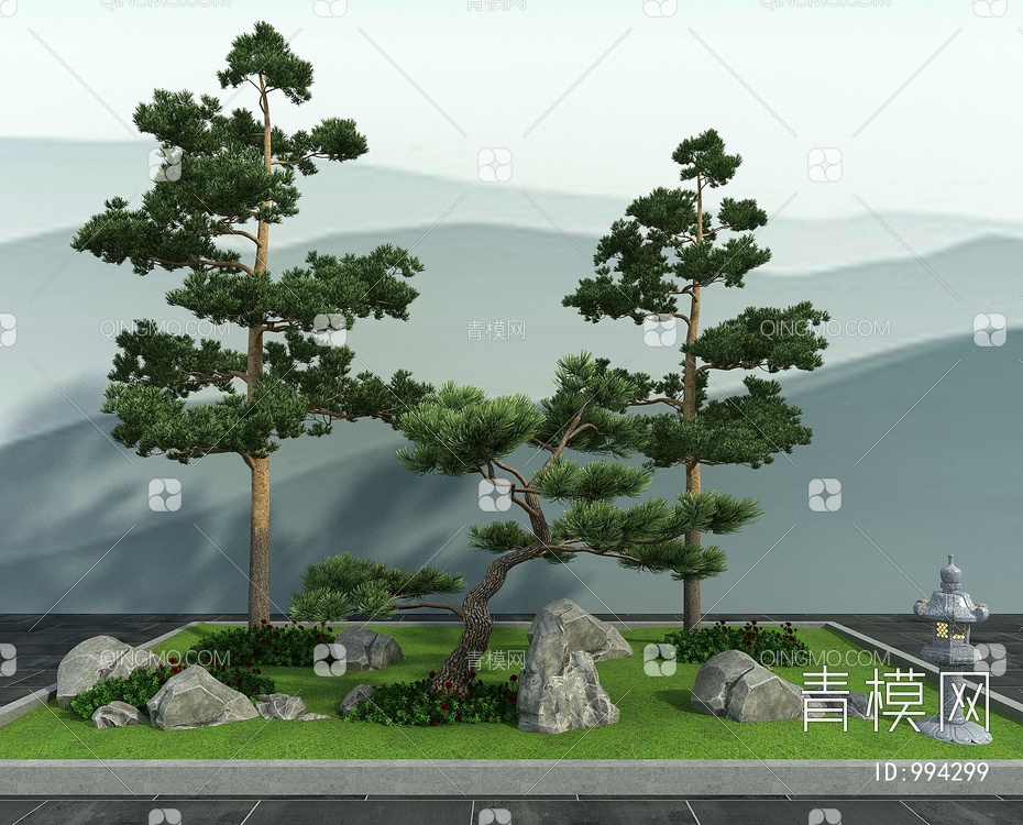 松树 假山 绿化景观小品3D模型下载【ID:994299】
