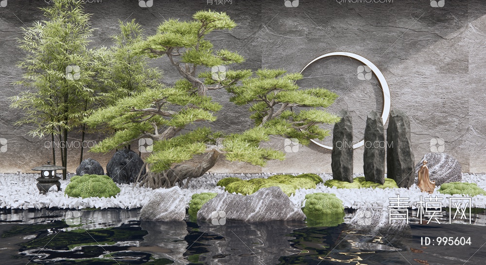 枯山水庭院景观小品 石头 置石 松树 竹子小品 苔藓植物SU模型下载【ID:995604】