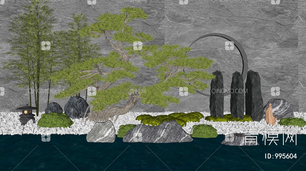 枯山水庭院景观小品 石头 置石 松树 竹子小品 苔藓植物SU模型下载【ID:995604】