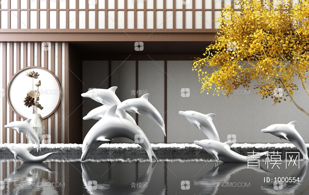海豚雕塑园林水景3D模型下载【ID:1000554】
